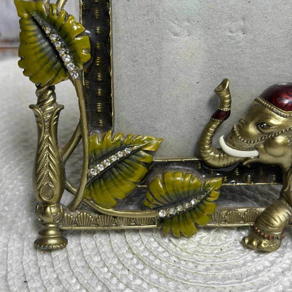 Ornate Gold Tone Elephant Enamel Rhinestone 3x3 Picture Frame Tropical Leaf Boho